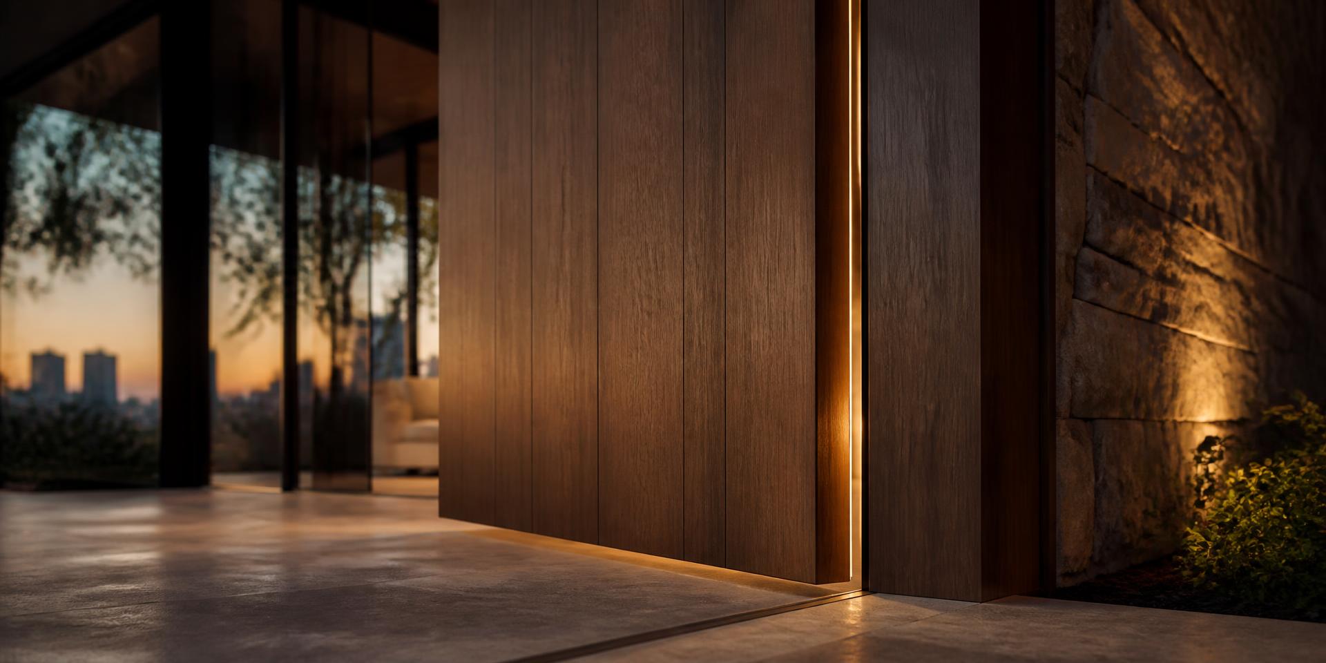Solid timber pivot front door closing flush into a dark oak frame at dusk
