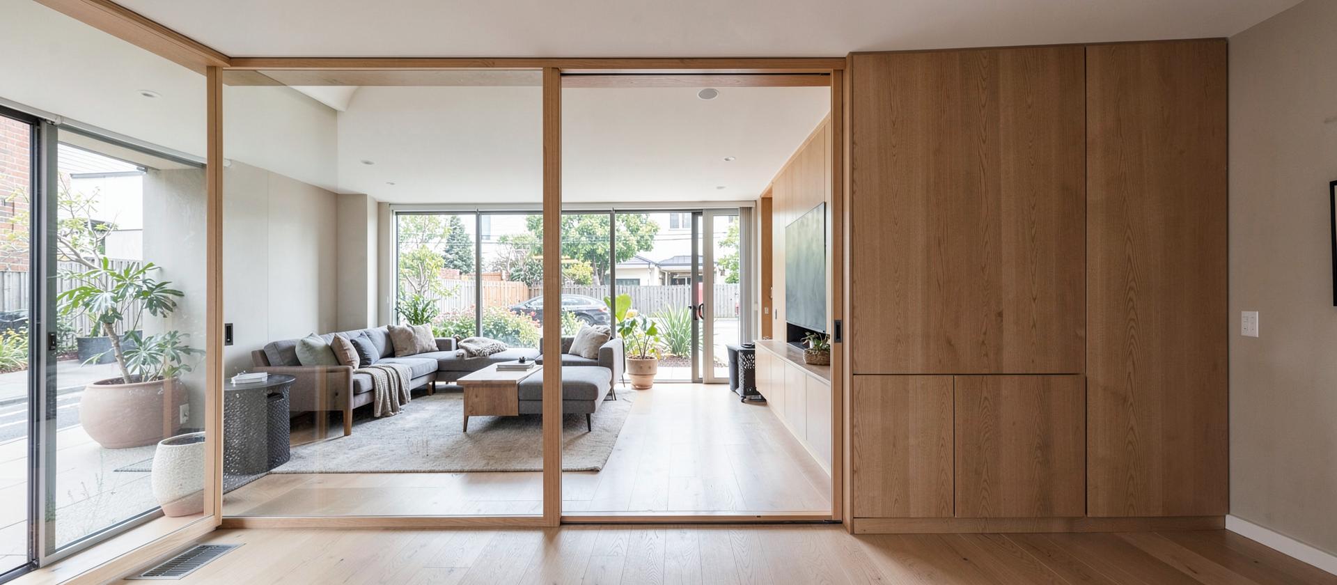 Full-height oak cavity slider opening onto a living room